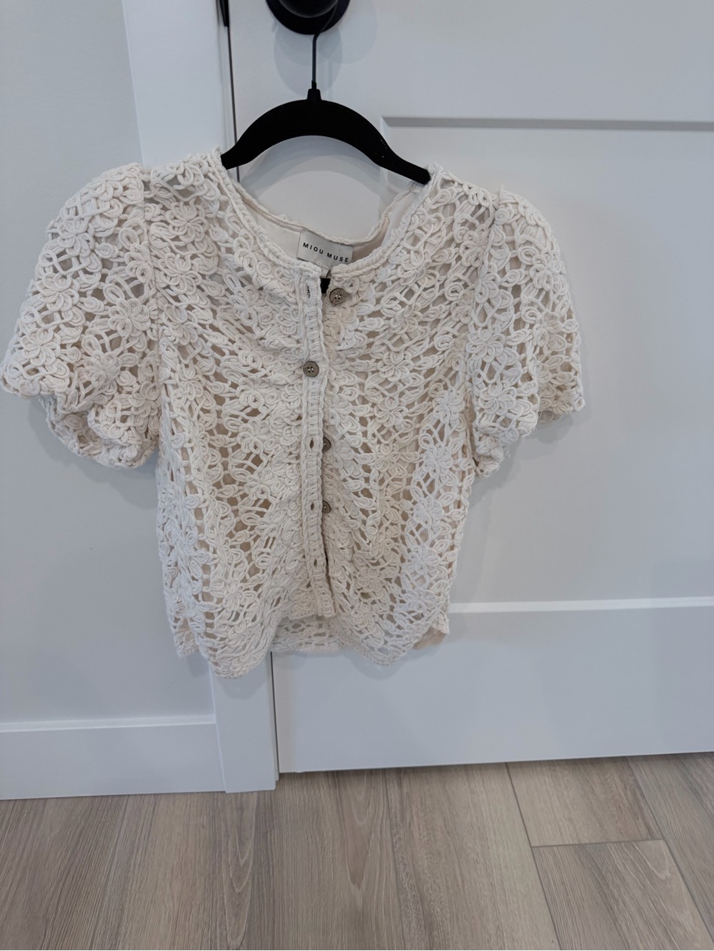 Miu Miu Cream Crochet Puff-Sleeve Cardigan
